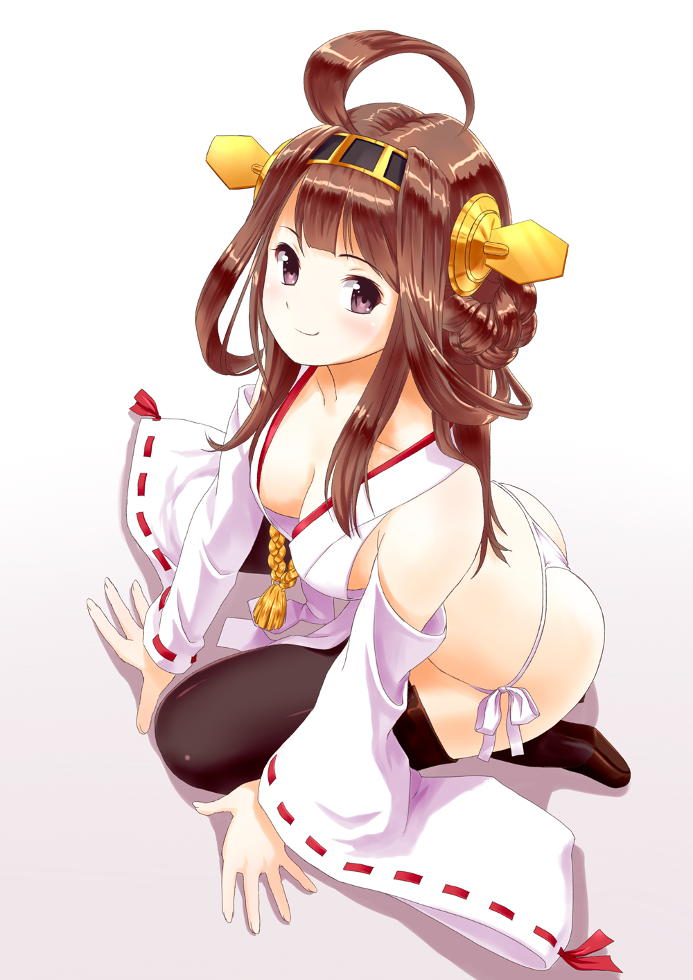 ahoge arm_support ass bare_shoulders black_legwear breasts brown_hair cleavage detached_sleeves double_bun hairband headgear highres japanese_clothes kantai_collection kongou_(kantai_collection) long_hair looking_at_viewer medium_breasts nontraditional_miko panties ponnetsu purple_eyes side-tie_panties smile solo thong underwear white_panties