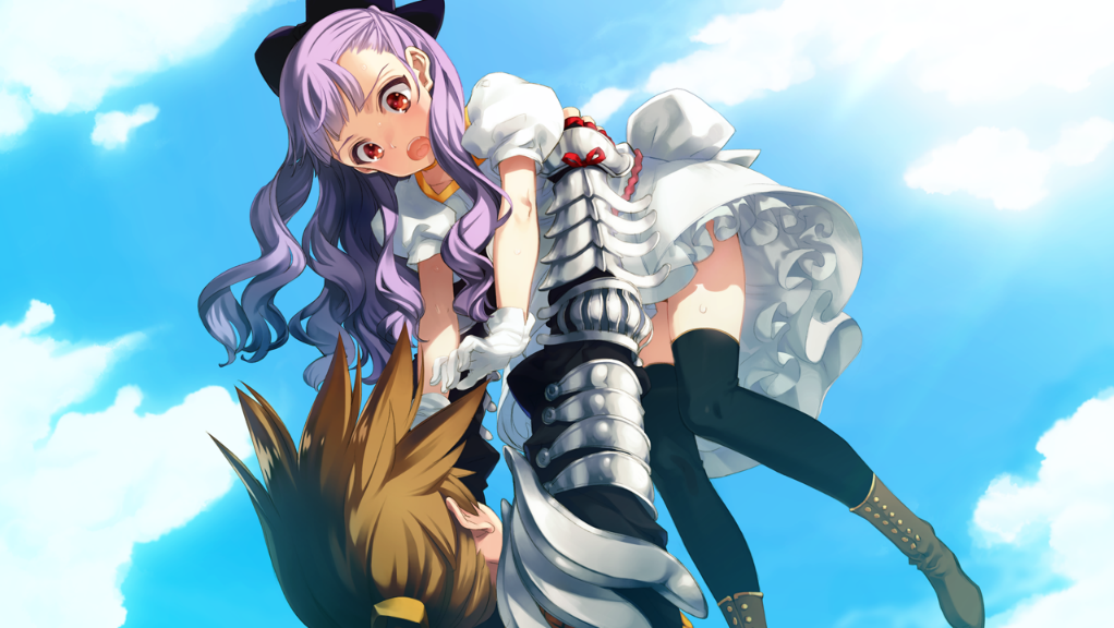 1girl armor arms_up black_legwear blue_sky boots brown_footwear brown_hair carrying_overhead cloud collarbone day dress eiyuu_senki game_cg gauntlets gawain_(eiyuu_senki) gloves japanese_armor knee_boots light_rays looking_at_another looking_down looking_up official_art ooyari_ashito open_mouth person_carrying puffy_short_sleeves puffy_sleeves purple_hair red_eyes red_ribbon ribbon short_sleeves shoulder_pads sky sun sunlight teeth thighhighs tongue white_dress white_gloves younger zettai_ryouiki