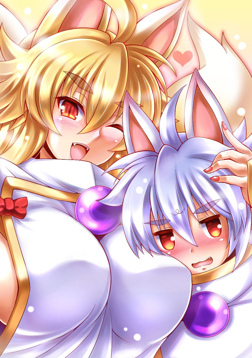 animal_humanoid big_breasts blonde_hair blush breasts canine clothed clothing embarrassed female fox fox_humanoid fox_tail hair humanoid izuna_(shinrabanshou) male mammal mother parent sai_(shinrabanshou) son