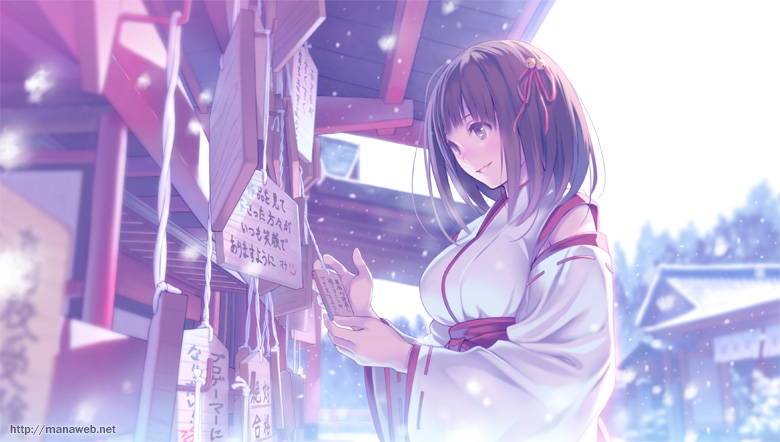 banned_artist bell brown_eyes brown_hair charm_(object) commentary_request detached_sleeves ema hair_bell hair_ornament hakama japanese_clothes long_sleeves mana_kakkowarai md5_mismatch miko new_year original sash shrine smile snowing solo translation_request wide_sleeves