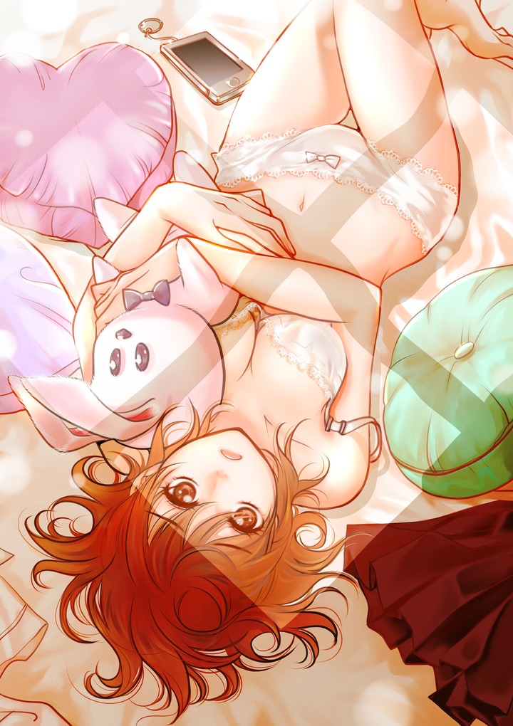 barefoot bed_sheet bow bow_panties bra breasts brown_eyes brown_hair cellphone cleavage doll_hug donut_(lily_love) from_above heart heart_pillow lace lace-trimmed_bra lace-trimmed_panties lily_love looking_at_viewer lying medium_breasts medium_hair navel on_back open_mouth panties phone pillow ratana_satis skirt skirt_removed smartphone solo stuffed_animal stuffed_bunny stuffed_toy thigh_gap underwear underwear_only upside-down white_bra white_panties window_shade