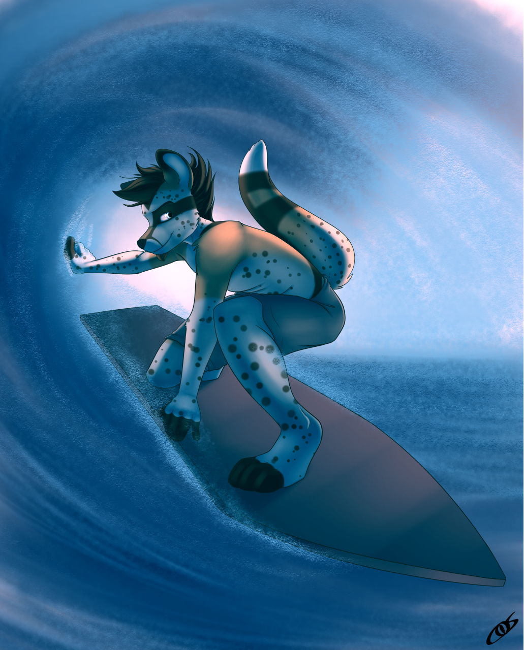 anthro clothed clothing coszcatl crouching half-dressed invalid_tag looking_back male mammal meerkat mongoose outside smile solo surfboard surfing swimsuit topless