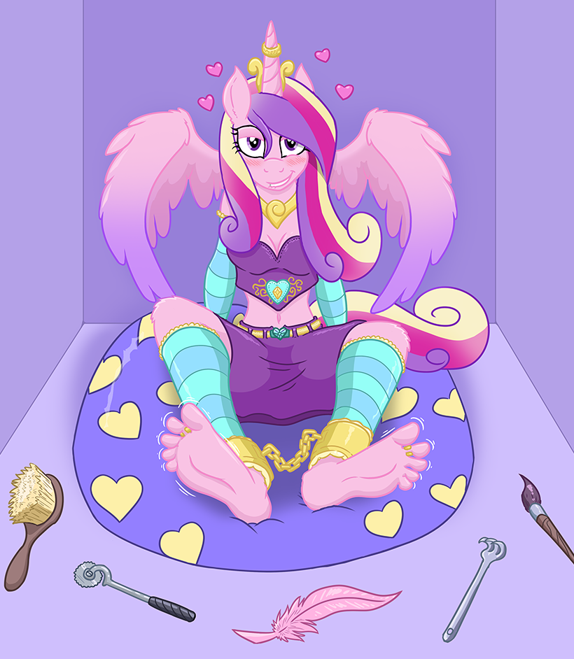 &lt;3 2016 anthro anthrofied arm_warmers bedroom_eyes blush breasts brush caroo cleavage clothed clothing cuffs_(disambiguation) equine feathers female friendship_is_magic half-closed_eyes horn jewelry leg_warmers legwear looking_at_viewer mammal my_little_pony necklace pillow princess_cadance_(mlp) purple_eyes ring seductive shackles winged_unicorn wings