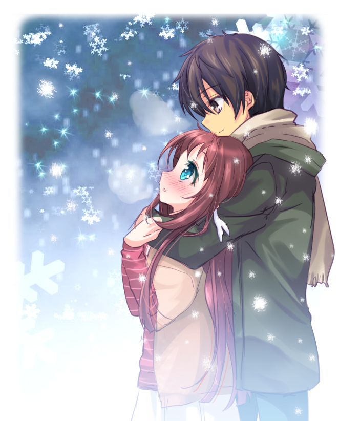 1girl black_hair blue_eyes brown_eyes brown_hair couple hazuki_(nukisasi) hetero hug hug_from_behind kihara_tsumugu long_hair mukaido_manaka nagi_no_asukara scarf short_hair snowflakes