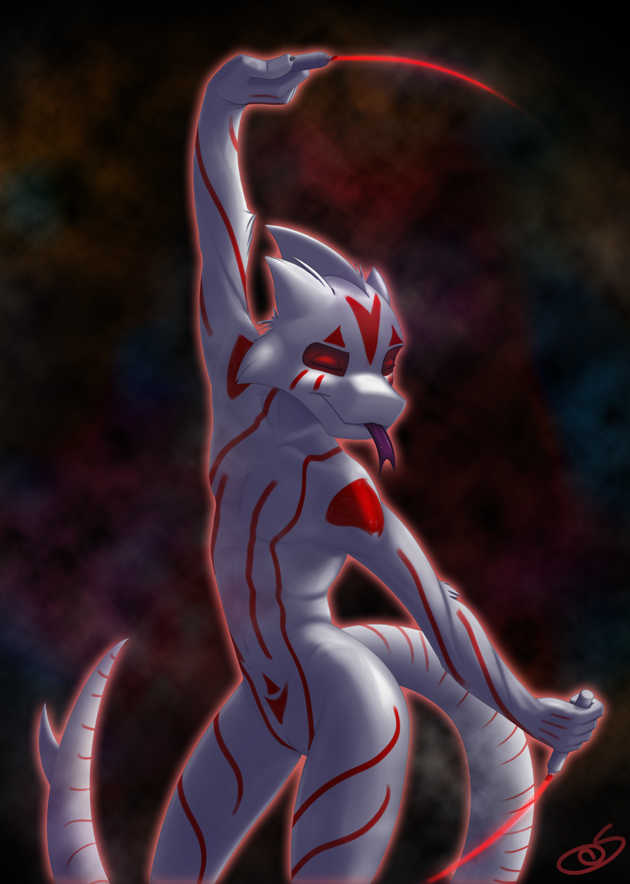 anthro coszcatl eyes_closed featureless_crotch feline fish forked_tongue fur hybrid invalid_tag male mammal marine nude shark simple_background smile solo standing stripes tongue tongue_out white_fur