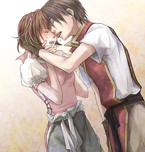 1girl black_hair brown_hair closed_eyes couple earrings gensou_suikoden gensou_suikoden_i gensou_suikoden_ii gloves hand_on_another's_face hetero jewelry licking nanami_(suikoden) pants sad sgn shirt short_hair tears tir_mcdohl tongue