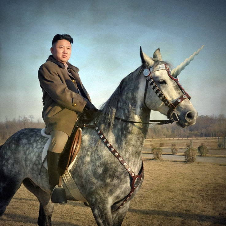 clothing duo edit equine fur grass horn horse human humor jacket kim_jong_un mammal multicolored_fur north_korea parody photo riding shopped tree unicorn what