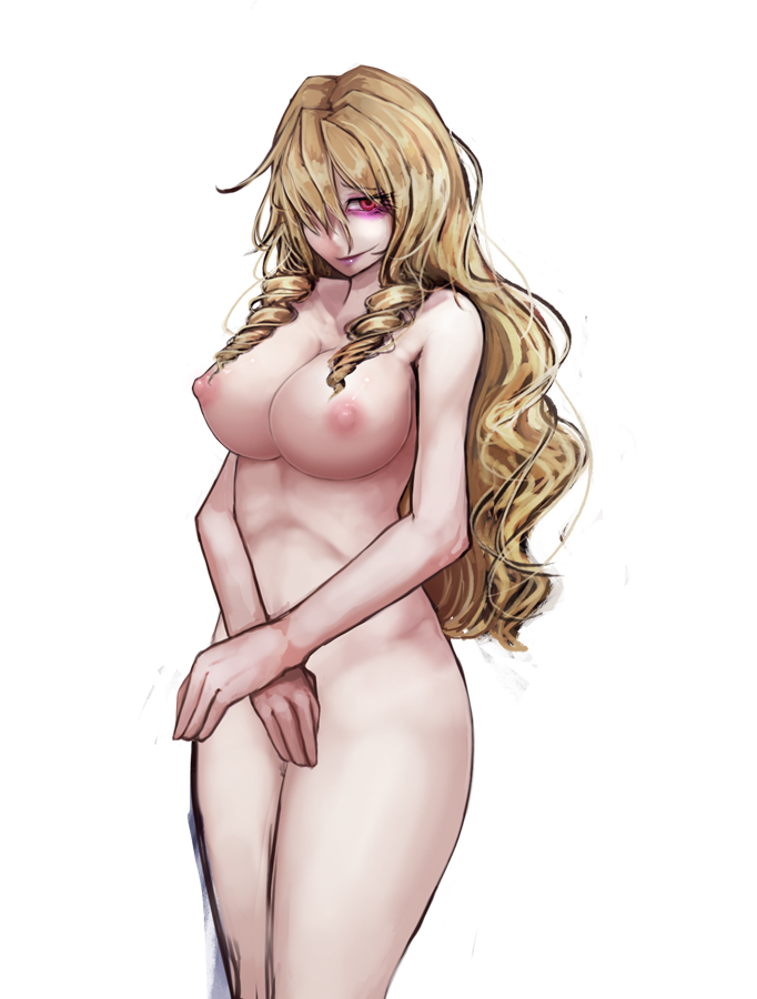 aurelia_(dorei_to_no_seikatsu) blonde_hair breasts dorei_to_no_seikatsu_~teaching_feeling~ drill_hair hair_over_one_eye large_breasts long_hair looking_at_viewer nipples ray-k red_eyes solo transparent_background wavy_hair