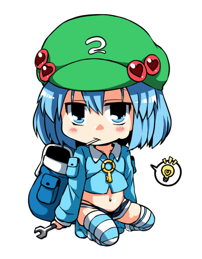 backpack bag blue_eyes blue_hair candy chibi eating food hair_bobbles hair_ornament hat kawashiro_nitori light_bulb lollipop looking_back navel solo spoken_light_bulb striped striped_legwear sugiura thighhighs touhou twintails two_side_up wrench
