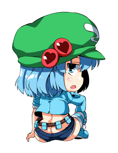 ass backpack bag blue_eyes blue_hair butt_crack chibi hair_bobbles hair_ornament hat jitome kawashiro_nitori looking_back open_mouth solo striped striped_legwear sugiura thighhighs touhou twintails two_side_up