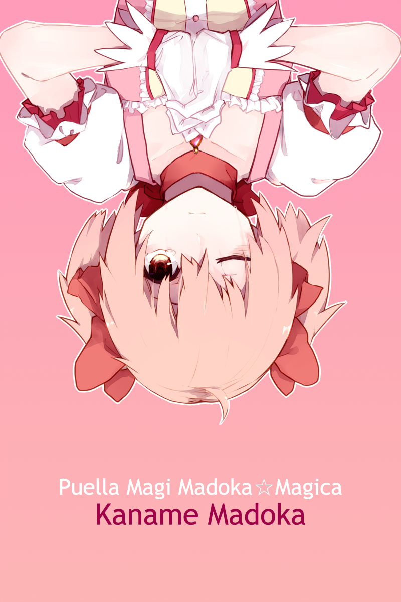 bangs blouse character_name choker collarbone copyright_name english gloves gradient gradient_background hair_between_eyes hair_ribbon hands_clasped hanyae highres jewelry kaname_madoka looking_at_viewer mahou_shoujo_madoka_magica one_eye_closed own_hands_together pendant pink_background pink_hair puffy_short_sleeves puffy_sleeves red_eyes ribbon short_sleeves short_twintails simple_background solo text_focus twintails upper_body upside-down white_gloves
