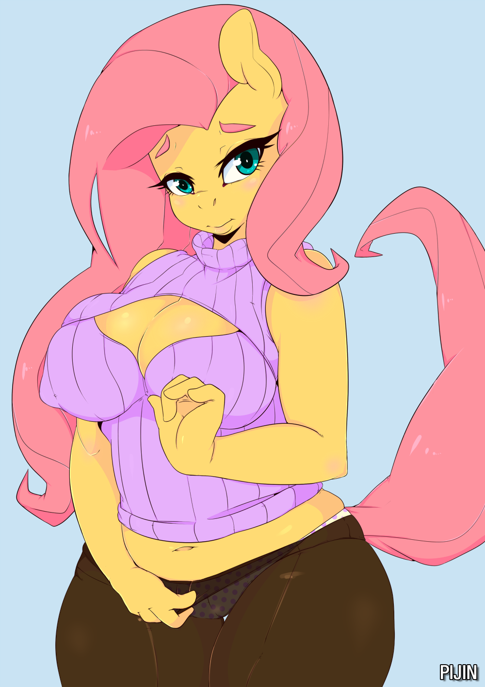 2016 anthro anthrofied blue_background blush breasts camel_toe cleavage clothed clothing equine female fluttershy_(mlp) friendship_is_magic hair hi_res horse legwear long_hair looking_at_viewer loopend mammal my_little_pony pantyhose pink_hair pony simple_background solo underwear