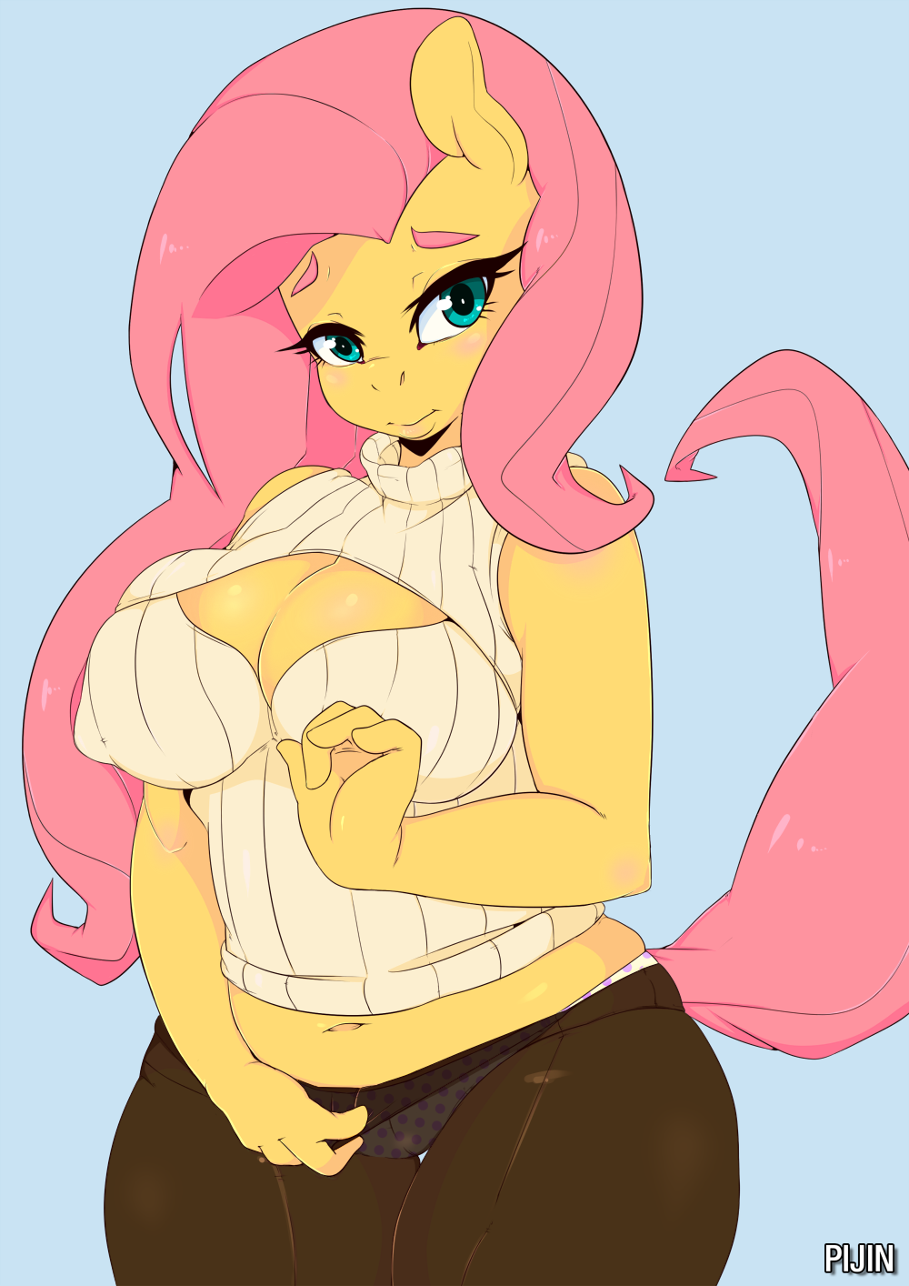 2016 anthro anthrofied blue_background blush breasts camel_toe cleavage clothed clothing equine female fluttershy_(mlp) friendship_is_magic hair hi_res horse legwear long_hair looking_at_viewer loopend mammal my_little_pony pantyhose pink_hair pony simple_background solo underwear