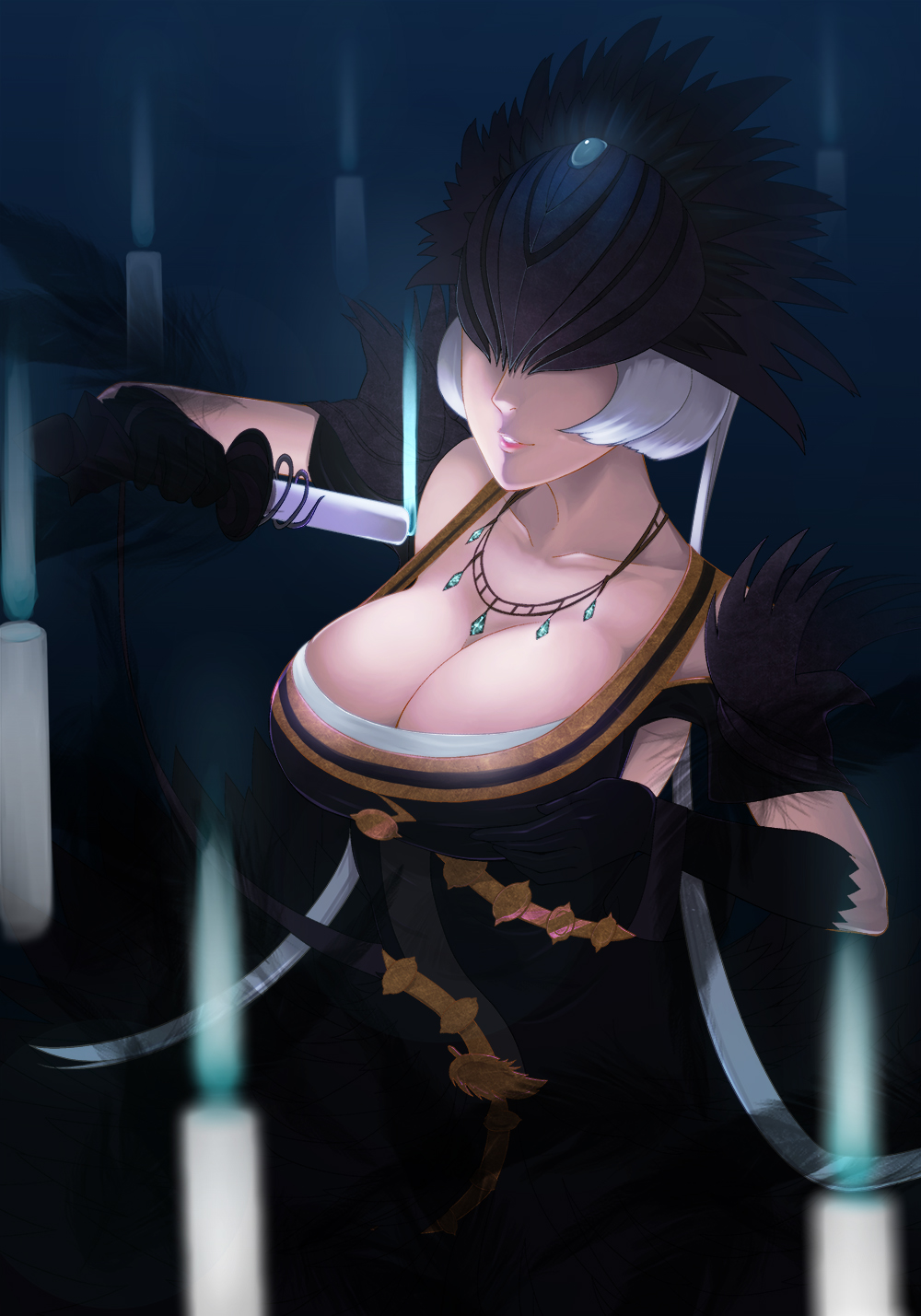 black_dress black_gloves blue_fire breasts candle cleavage dress fire gloves highres jewelry large_breasts mask necklace nox_(smite) parted_lips short_hair smite solo takk0312 white_hair