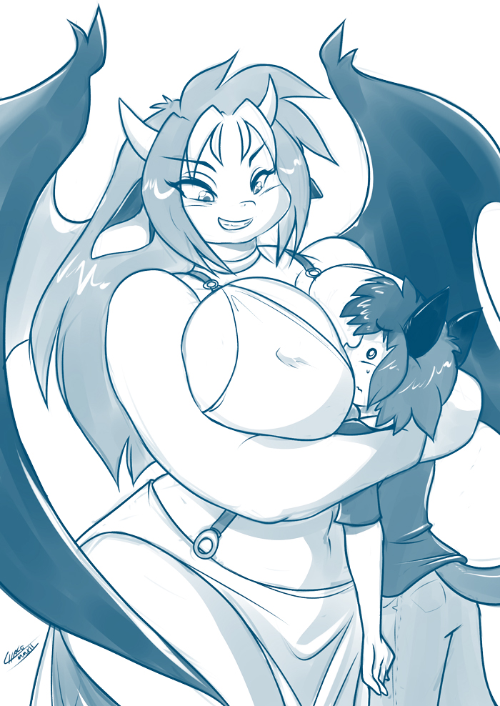big_breasts blush breast_smother breasts chalo clothed clothing dragon duo female hair horn huge_breasts long_hair male monochrome nipple_bulge smile smothering thick_thighs wide_hips wings
