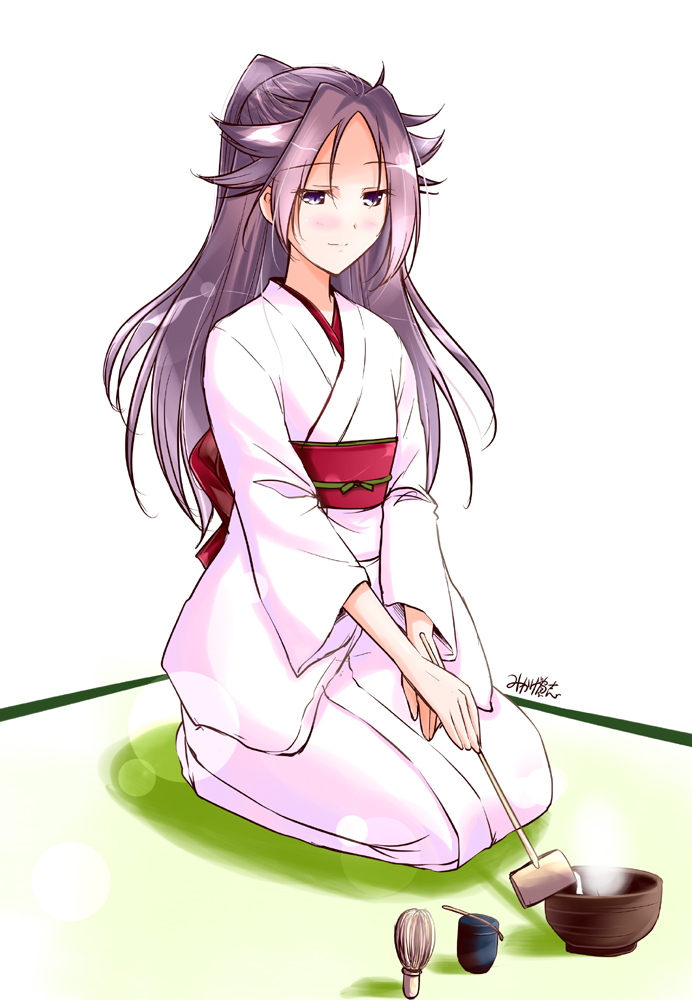 chasen commentary_request cup japanese_clothes jun'you_(kantai_collection) kantai_collection kimono long_hair mikage_takashi purple_eyes purple_hair seiza sitting solo spiked_hair tea_ceremony