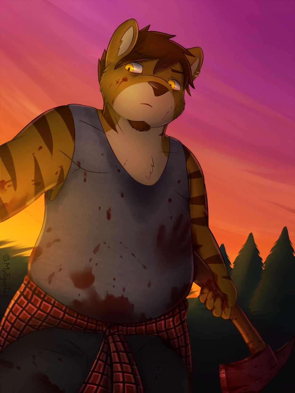 2016 angry anthro axe blood chub clothed clothing death digital_media_(artwork) feline forest gore looking_at_viewer male mammal melee_weapon muscular mytigertail overweight tiger tree weapon