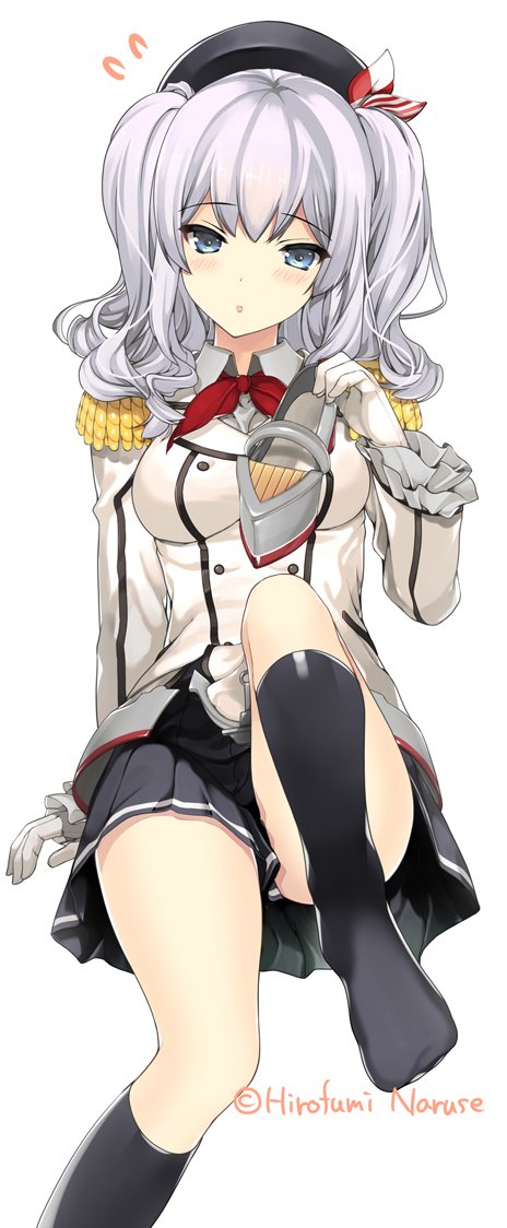 artist_name beret black_legwear blush epaulettes gloves grey_hair hat holding holding_shoes kantai_collection kashima_(kantai_collection) kneehighs leg_up naruse_hirofumi shoes shoes_removed simple_background sitting skirt socks solo twintails twitter_username white_background