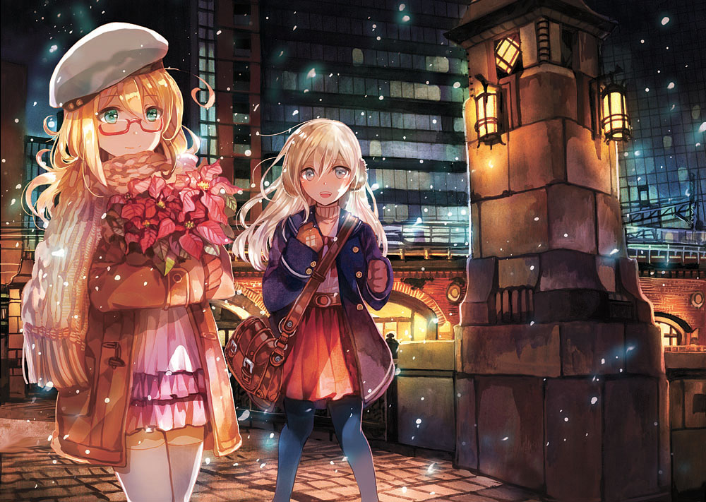 akihabara_(tokyo) alternate_costume aqua_eyes bag bangs blonde_hair blue_eyes blue_legwear bouquet building buttons casual city coat earmuffs flower frills fringe_trim glasses gloves hair_between_eyes hat holding holding_bouquet holding_flower i-8_(kantai_collection) jacket kantai_collection lamp long_hair long_sleeves looking_at_viewer manseibashi multiple_girls night open_clothes open_jacket outdoors pantyhose pavement poinsettia real_world_location red-framed_eyewear red_skirt rioka_(southern_blue_sky) scarf shoulder_bag skirt snowing sweater thighhighs tokyo_(city) turtleneck u-511_(kantai_collection) walking white_hair white_legwear winter