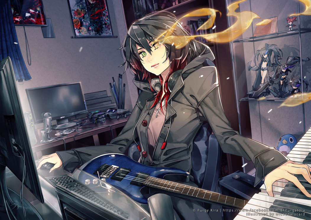 artist_name bird black_hair black_jacket black_rock_shooter black_rock_shooter_(character) book burning_eye buttons cable calendar_(object) chair character_request closed_mouth computer controller curtains desk disgaea dutch_angle electric_guitar etna figure flower game_controller glass glass_table glowing glowing_eye gradient_hair green_eyes guitar hair_between_eyes headphones headphones_around_neck heterochromia hood hood_down hooded_jacket ian_olympia indoors insane_black_rock_shooter instrument jacket keyboard_(computer) keyboard_(instrument) long_sleeves looking_away monitor mouse_(computer) multicolored_hair music office_chair open_clothes open_jacket original penguin photo_(object) pink_lips playing_instrument red_hair rose scroll shadow shelf sitting solo speaker string table unbuttoned upper_body watermark web_address yellow_eyes