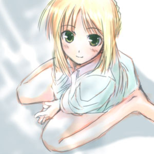 artist_request artoria_pendragon_(all) barefoot blonde_hair bottomless casual fate/stay_night fate_(series) green_eyes lowres saber sketch solo