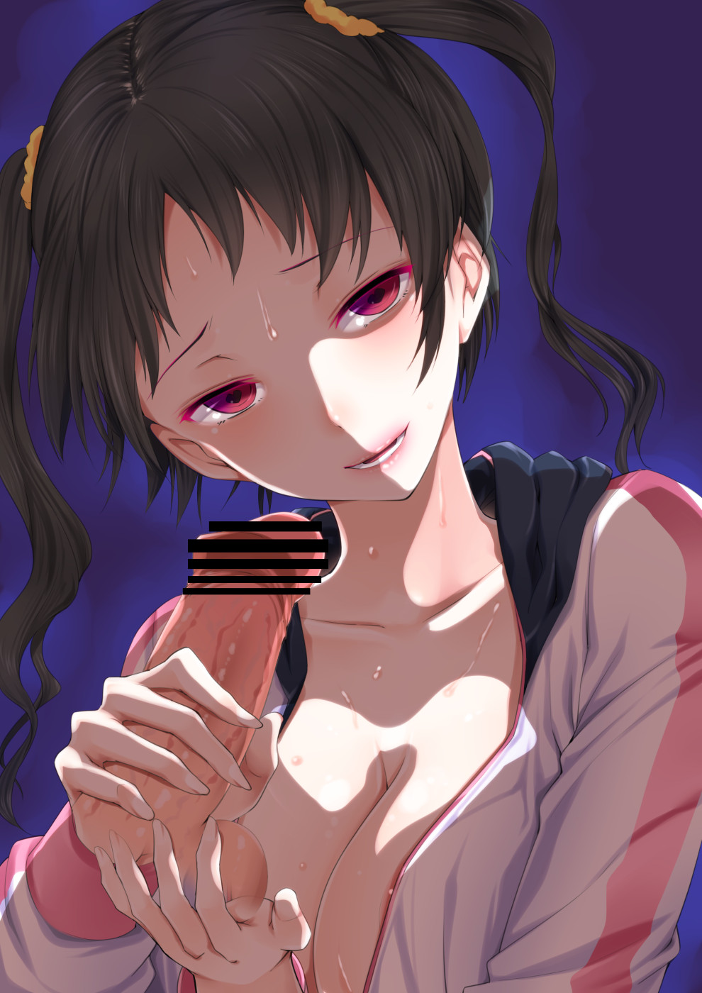 amasora_taichi black_hair breasts caressing_testicles censored cleavage collarbone disembodied_penis handjob heart heart-shaped_pupils hetero highres large_breasts looking_at_viewer open_clothes open_shirt original penis penis_grab red_eyes scrunchie shirt solo_focus sweat symbol-shaped_pupils testicles twintails upper_body