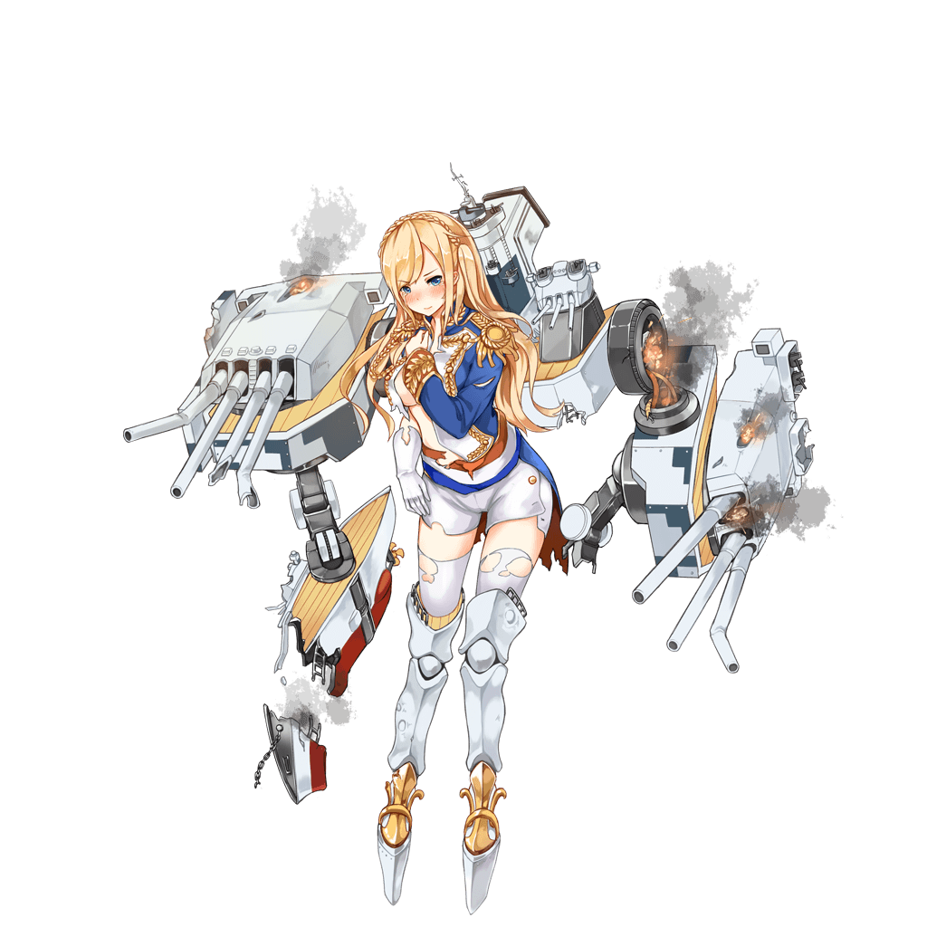 1girl bent_barrel blonde_hair blue_eyes blush braid broken burning crown_braid damaged french_braid full_body gloves hand_on_own_chest long_hair mecha_musume military military_uniform official_art open_clothes open_shirt propeller richelieu_(zhan_jian_shao_nyu) rigging shirt smoke solo tears torn_clothes transparent_background turret uniform white_gloves wire zhan_jian_shao_nyu