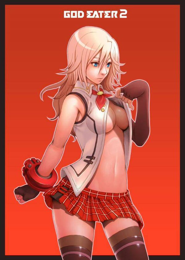 alisa_ilinichina_amiella bare_shoulders blue_eyes blush boots breasts elbow_gloves fingerless_gloves gloves god_eater god_eater_2:_rage_burst large_breasts long_hair navel open_clothes open_shirt silver_hair simple_background skirt solo suspender_skirt suspenders take9999 thigh_boots thighhighs underboob white_hair