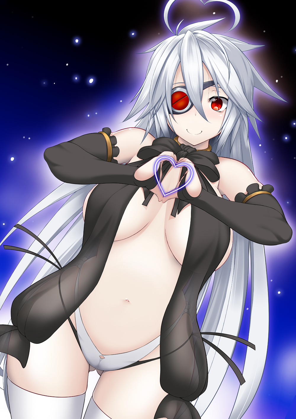 ahoge blazblue breasts bridal_gauntlets commentary_request elbow_gloves eyepatch gloves heart heart_ahoge heart_hands highleg highleg_panties highres large_breasts lingerie long_hair navel nobody_(xblaze) nu-13 panties red_eyes see-through silver_hair skindentation smile solo tanabe_(studio_tiamat) thighhighs underwear white_legwear white_panties xblaze xblaze_lost:_memories