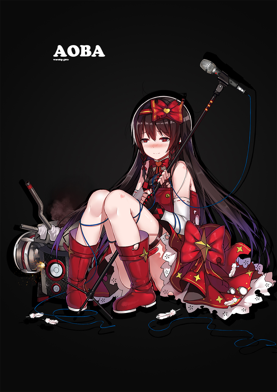 aoba_(zhan_jian_shao_nyu) argyle belt black_background black_gloves blood blush boots bow bowtie braid broken brown_hair burnt_clothes buttons cannon character_name detached_sleeves dress earrings electricity feathers fingerless_gloves fire full_body gloves gradient_hair hair_bow hair_ornament hair_ribbon hairband heart highres holding jewelry lace lace-trimmed_dress long_hair microphone_stand multicolored_hair official_art panties pantyshot pantyshot_(sitting) purple_hair red_bow red_dress red_eyes red_footwear red_hair red_neckwear red_panties red_ribbon ribbon ribbon-trimmed_sleeves ribbon_trim scratches shi-chen simple_background sitting sleeveless sleeveless_dress smile smoke solo speaker string tears torn_clothes twin_braids underwear upskirt wrist_cuffs zhan_jian_shao_nyu