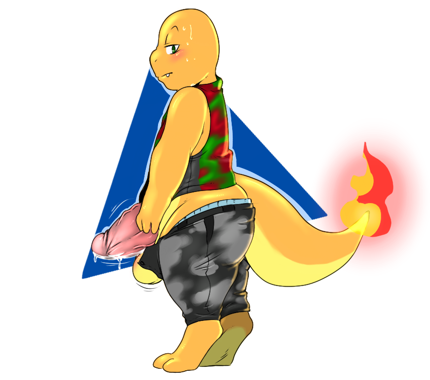 alpha_channel alternate_costume anthro balls barefoot blush charmander clothing digitigrade dripping erection hadou humanoid_penis looking_at_viewer male nintendo open_pants penis pok&eacute;mon poking_out precum satsui-n0-had0u scalie shirt side_view simple_background standing sweat sweatdrop tank_top throbbing transparent_background vein veiny_penis video_games