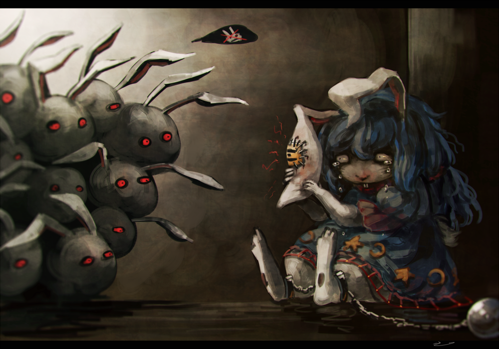 against_wall animal_ears ball_and_chain_restraint blood blue_hair buck_teeth bunny bunny_ears chain chained commentary crying crying_with_eyes_open dress ear_clip holding_ears koto_inari long_hair looking_at_another moon_rabbit_(touhou) red_eyes seiran_(touhou) sitting stapled steel_ball tears touhou