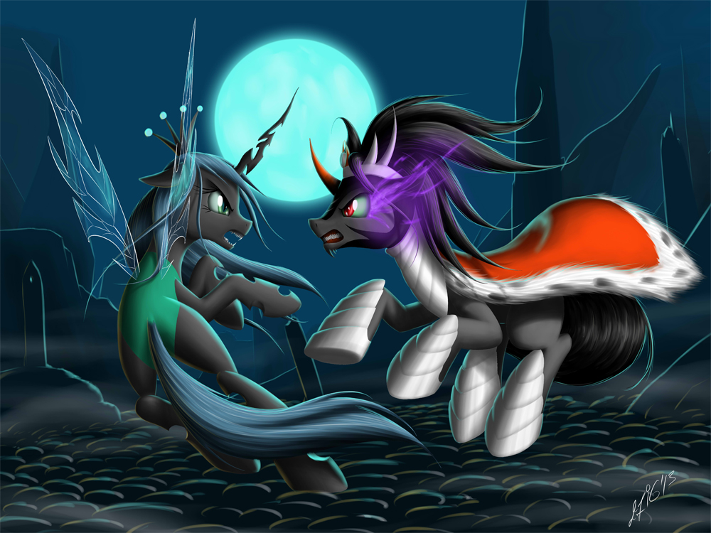 2013 angry armor black_hair changeling clothing crown duo female fight friendship_is_magic fur glowing glowing_eyes green_eyes green_hair grey_fur hair king_sombra_(mlp) membranous_wings mist moon my_little_pony open_mouth outside queen_chrysalis_(mlp) red_eyes running sky stone wings zigword