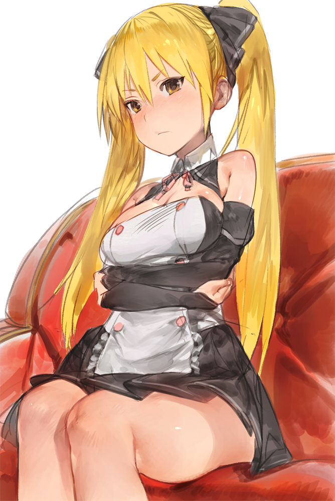 aos apron bare_shoulders black_dress blonde_hair blush breasts brown_eyes cleavage cleavage_cutout collar couch crossed_arms detached_sleeves dream_c_club dream_c_club_(series) dress expressionless hair_between_eyes legs_together long_hair long_sleeves medium_breasts mian_(dream_c_club) on_couch pleated_dress red_ribbon ribbon simple_background sitting solo twintails white_background