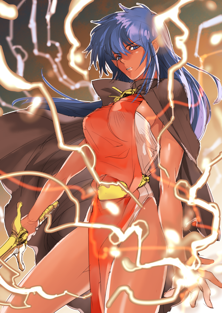 arshes_nei bastard!! blue_eyes blue_hair breasts cape cowboy_shot dark_skin electricity long_hair looking_at_viewer medium_breasts pointy_ears sideboob silversnow solo sword thighs tunic weapon