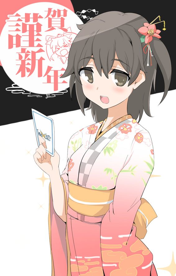 :d black_hair brown_eyes card flower hair_flower hair_ornament japanese_clothes kimono kominato_ruuko looking_at_viewer momio new_year obi open_mouth sash selector_wixoss side_ponytail smile solo wixoss