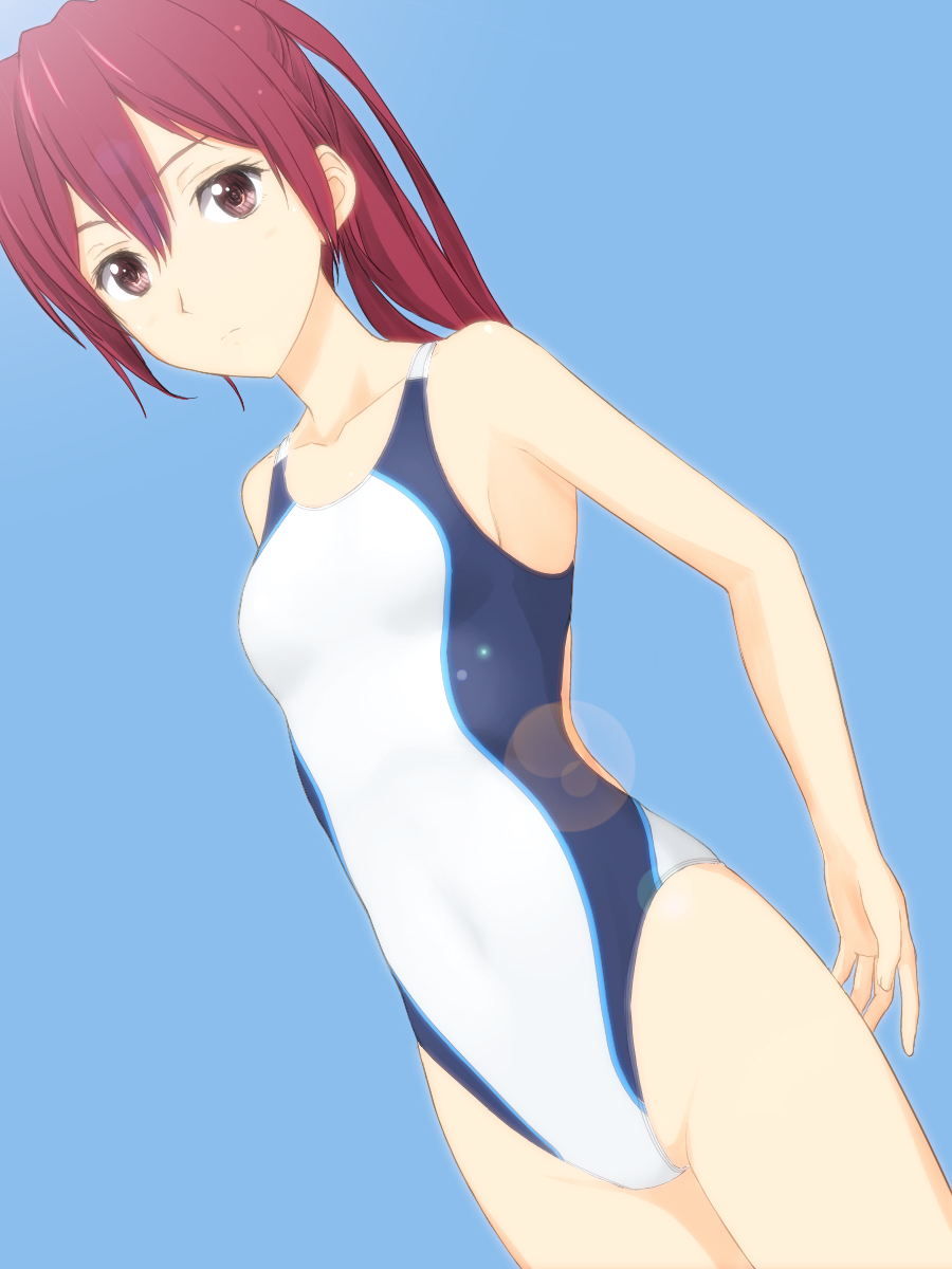 breasts competition_swimsuit free! highres long_hair matsuoka_gou one-piece_swimsuit ponytail red_eyes red_hair revision small_breasts solo standing swimsuit takafumi