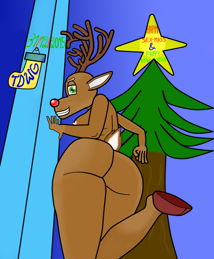 (artwork) 2015 anthro butt cervine christmas digital_media_(artwork) female fur gradient holidays invalid_background mammal media nipples nude reindeer rudolph simple solo standing th3d4rkw0lfg4m3r