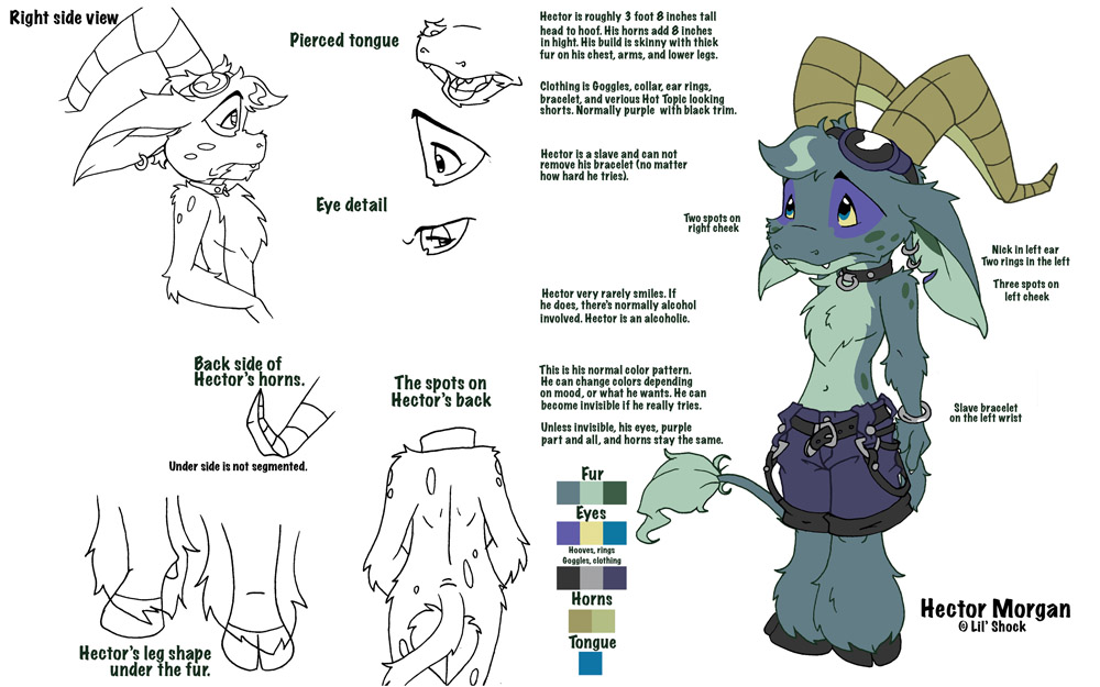 barefoot belt caprine clothing color_swatch cute_fangs english_text eyewear flat_colors goggles goggles_on_forehead hector_morgan horn lil'_shock line_art looking_up male mammal model_sheet piercing rear_view sad shorts side_view solo standing swamp_hip swamp_imp text topless