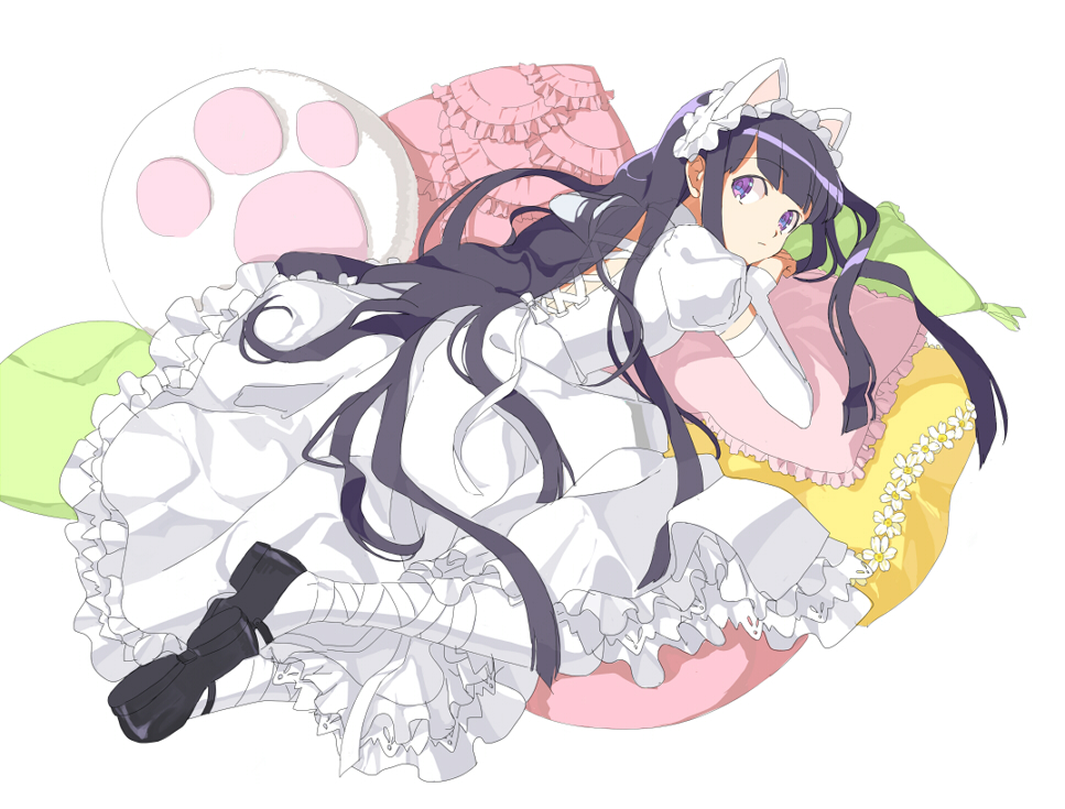 1girl animal_ears black_footwear cat_ears cross-laced_clothes detached_sleeves dress extra_ears frilled_dress frilled_pillow frills full_body hairband hazuki_(tsukuyomi) lolita_fashion long_hair looking_back lying pillow puffy_short_sleeves puffy_sleeves purple_eyes purple_hair ribbon shoes short_sleeves sleeves_past_wrists solo sweet_lolita tsukuyomi_moonphase very_long_hair white_background white_dress white_ribbon