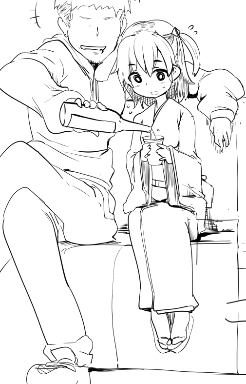 1girl :d alcohol bottle crossed_legs cup faceless faceless_male greyscale hair_ornament japanese_clothes kimono kominato_ruuko momio monochrome nervous obi open_mouth pouring sash selector_wixoss side_ponytail sitting sketch smile sweatdrop wixoss