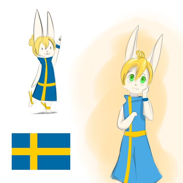 1:1 2016 :3 anthro blonde_hair blush-chan_(artist) clothed clothing digital_media_(artwork) flat_chested fur gradient_background green_eyes hair happy lagomorph liten_(character) looking_at_viewer mammal rabbit simple_background smile solo source_request standing sweden swedish swedish_flag wave white_fur