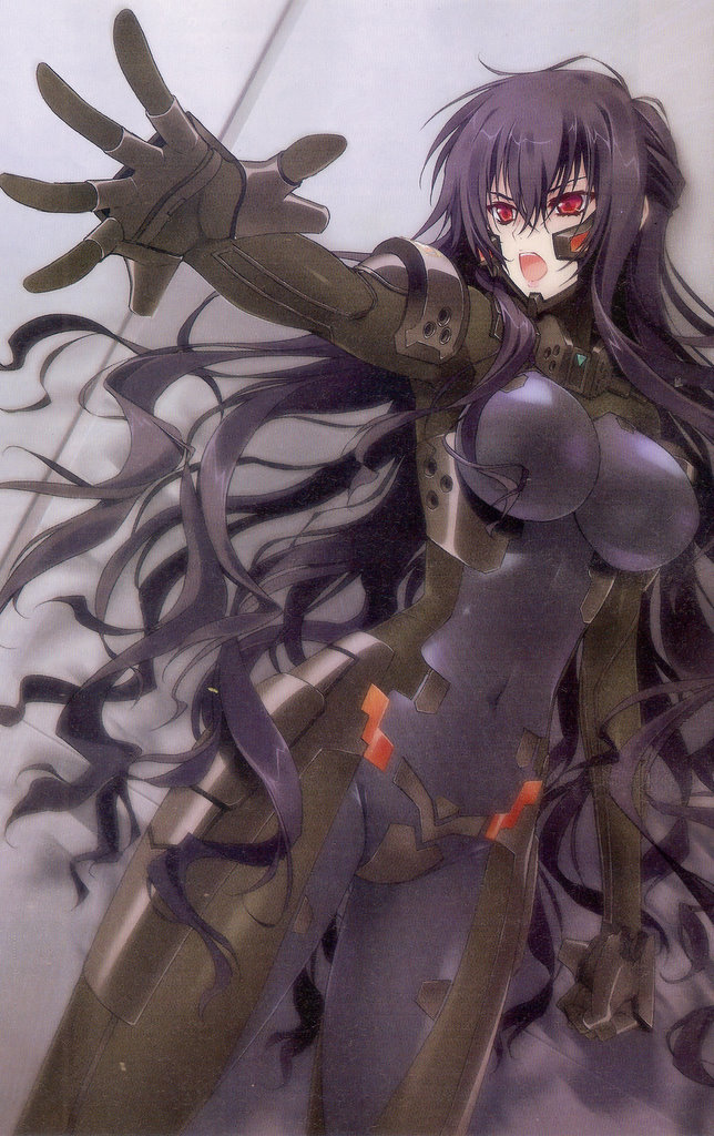beatrix_bremer black_hair bodysuit breasts carnelian cleavage covered_navel large_breasts lips long_hair muvluv official_art open_mouth outstretched_arms pilot_suit red_eyes scan scan_artifacts schwarzesmarken shouting skin_tight solo teeth wavy_hair