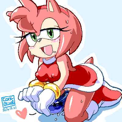 &lt;3 &lt;3_eyes amy_rose anthro black_nose blush boots bottomless breasts butt clothed clothing coolblue dildo english_text female footwear gloves green_eyes hair half-closed_eyes headband hedgehog mammal open_mouth pink_hair ring sex sex_toy short_hair signature solo sonic_(series) sweat text video_games