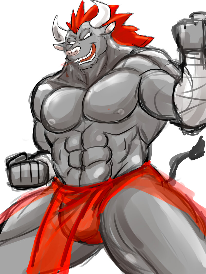 abs anthro biceps big_muscles blush bovine clothing colored loincloth male mammal minotaur muscular pecs simple_background slap_up_party_arad_senki solo underwea white6000 white_background