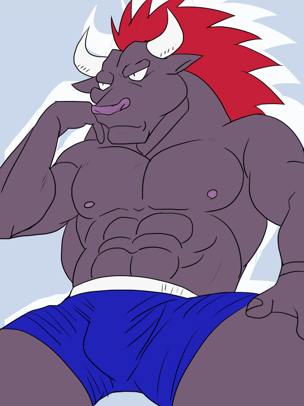 abs anthro biceps big_muscles blue_background bovine bulge clothing colored male mammal minotaur muscular pecs simple_background slap_up_party_arad_senki solo underwear white6000
