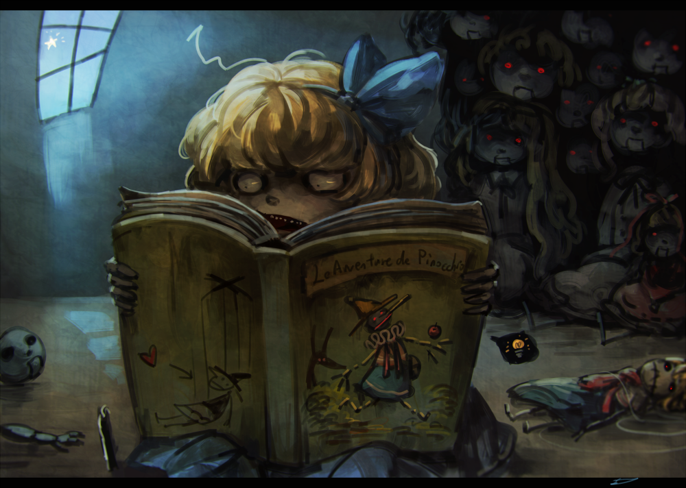 alice_margatroid alice_margatroid_(pc-98) blonde_hair blue_dress book book_focus capelet character_doll commentary doll dress glowing glowing_eyes hairband koto_inari letterboxed light light_bulb long_hair medicine_melancholy night open_book pinocchio pinocchio_(character) reading red_eyes short_hair sitting solo spoken_light_bulb star teeth touhou touhou_(pc-98) window