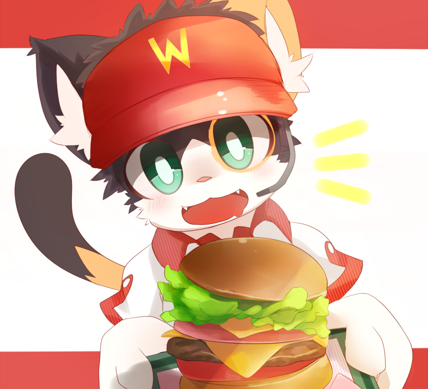 black_fur blush burger cat cheek_tuft clothed clothing cute ear_tuft feline food fur green_eyes hat kemono kemoshota male mammal mic multicolored_fur open_mouth orange_fur order_up pink_nose solo teeth tongue tray tuft white_fur 猫舌かぐ