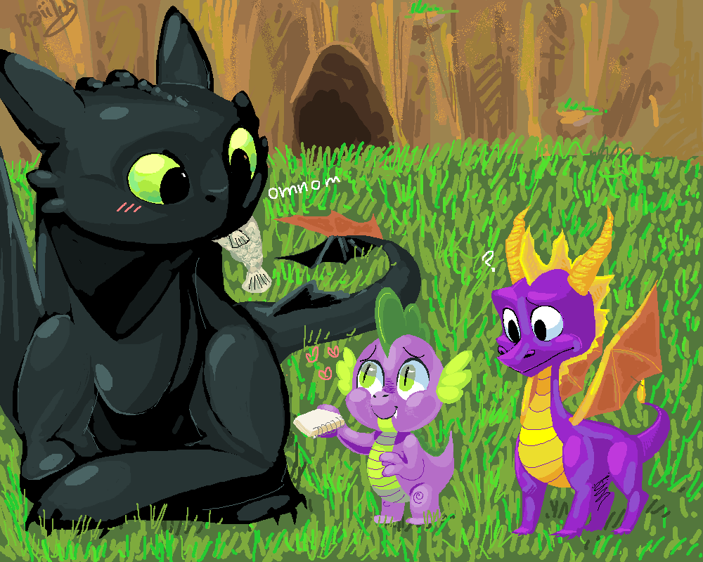 &lt;3 ? black_body blush crossover dragon dreamworks fanboy feral fish friendship_is_magic green_eyes group how_to_train_your_dragon male marine my_little_pony night_fury raiilynezz scalie spike_(mlp) spyro spyro_the_dragon toothless video_games western_dragon