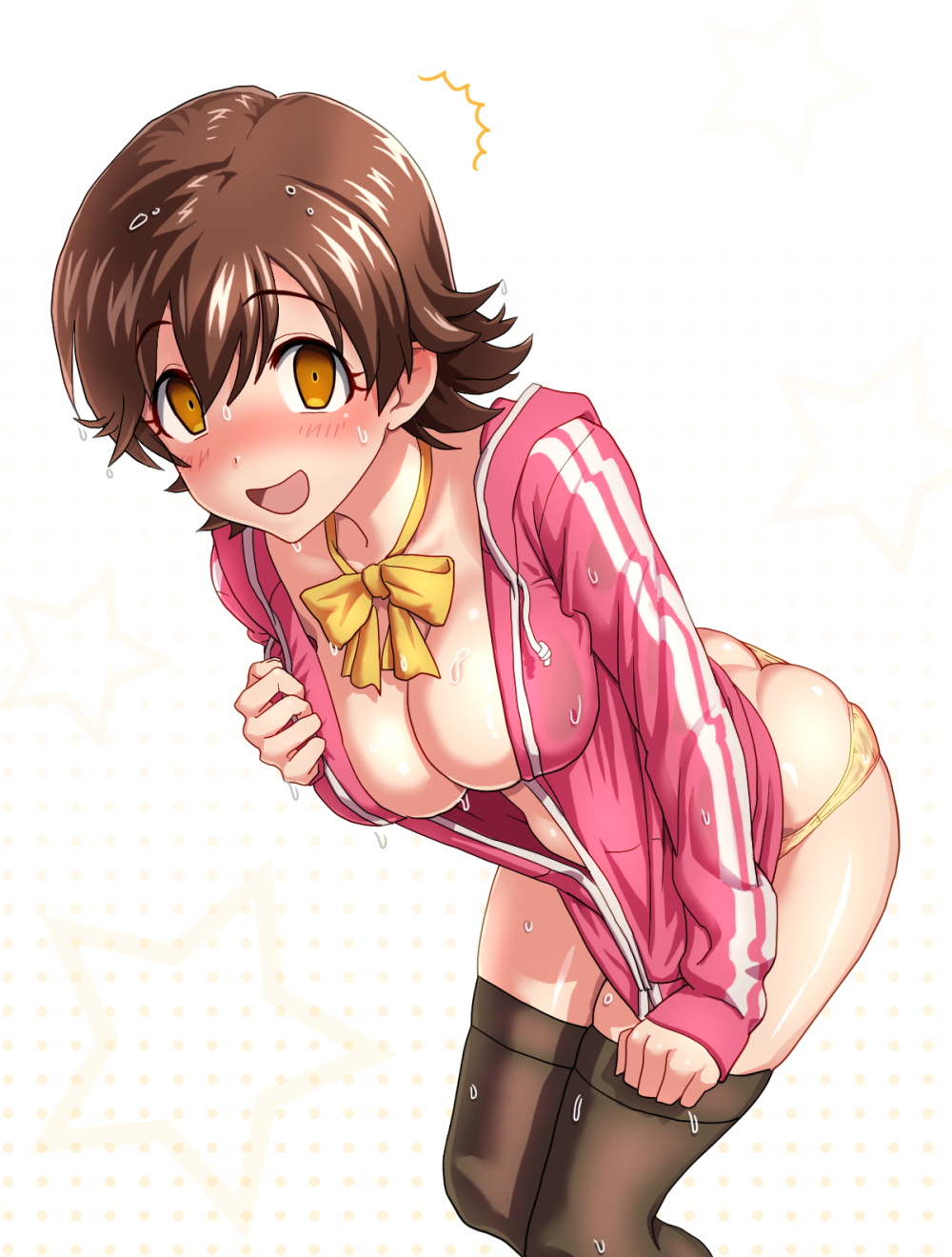 ass bent_over blush brown_hair butt_crack eyebrows_visible_through_hair highres honda_mio hoodie_tug idolmaster idolmaster_cinderella_girls kezune_(i-_-i) legs_together looking_at_viewer open_mouth panties pink_hoodie polka_dot polka_dot_background ribbon shocked_eyes short_hair simple_background sweat sweating_profusely thighhighs thighs underwear unzipped white_background wide-eyed yellow_eyes yellow_panties yellow_ribbon